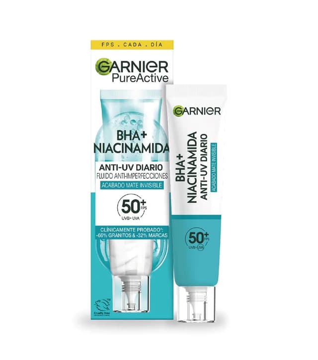 GARNIER PureActive BHA+ NIACINAMIDA ANTI-UV DIARIO FLUIDO ANT-IMPERFECCIONES ACABADO MATE INVISIBLE